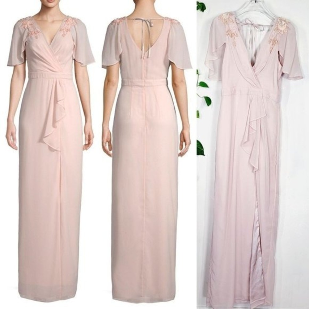 Parker Womens XS Pearl Blush Sequin Wrap Long Gown Ruffle Slit Wedding New $498
